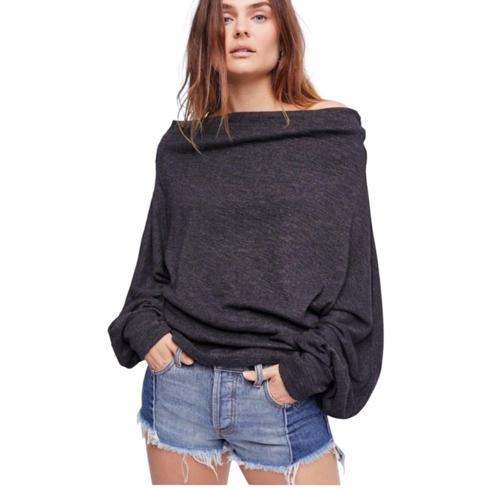 Free People We The Free Skyline Thermal Off The Shoulder Top Dark Gray Sz S EUC